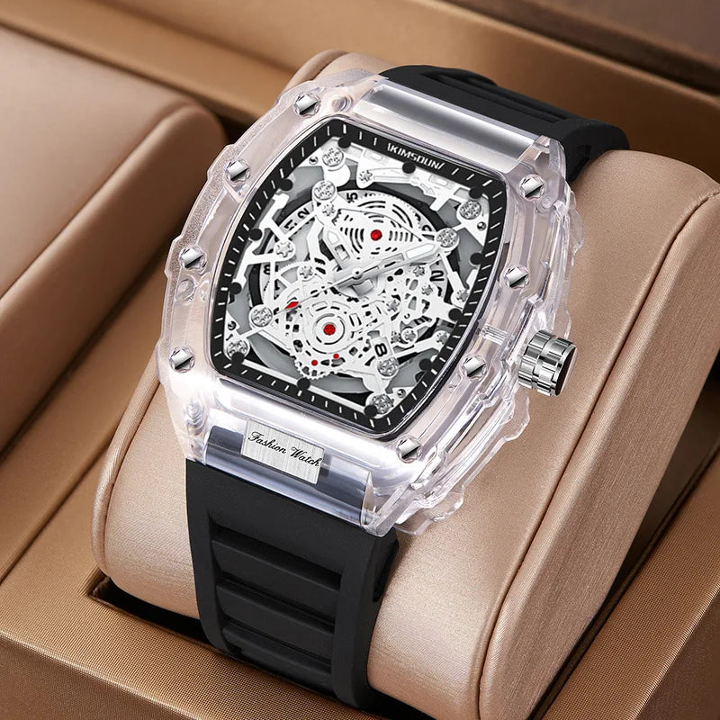 Fashionable Men watch barrel shaped transparent waterproof