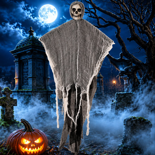 Fantôme suspendu à crâne – Décoration Halloween blanc et noir