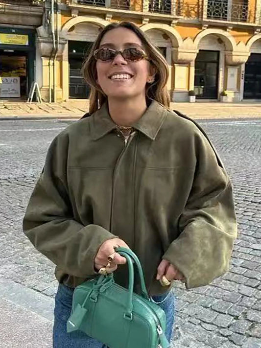 Women Green Oversize Bomber Jackets 2025 Fashion Ladies