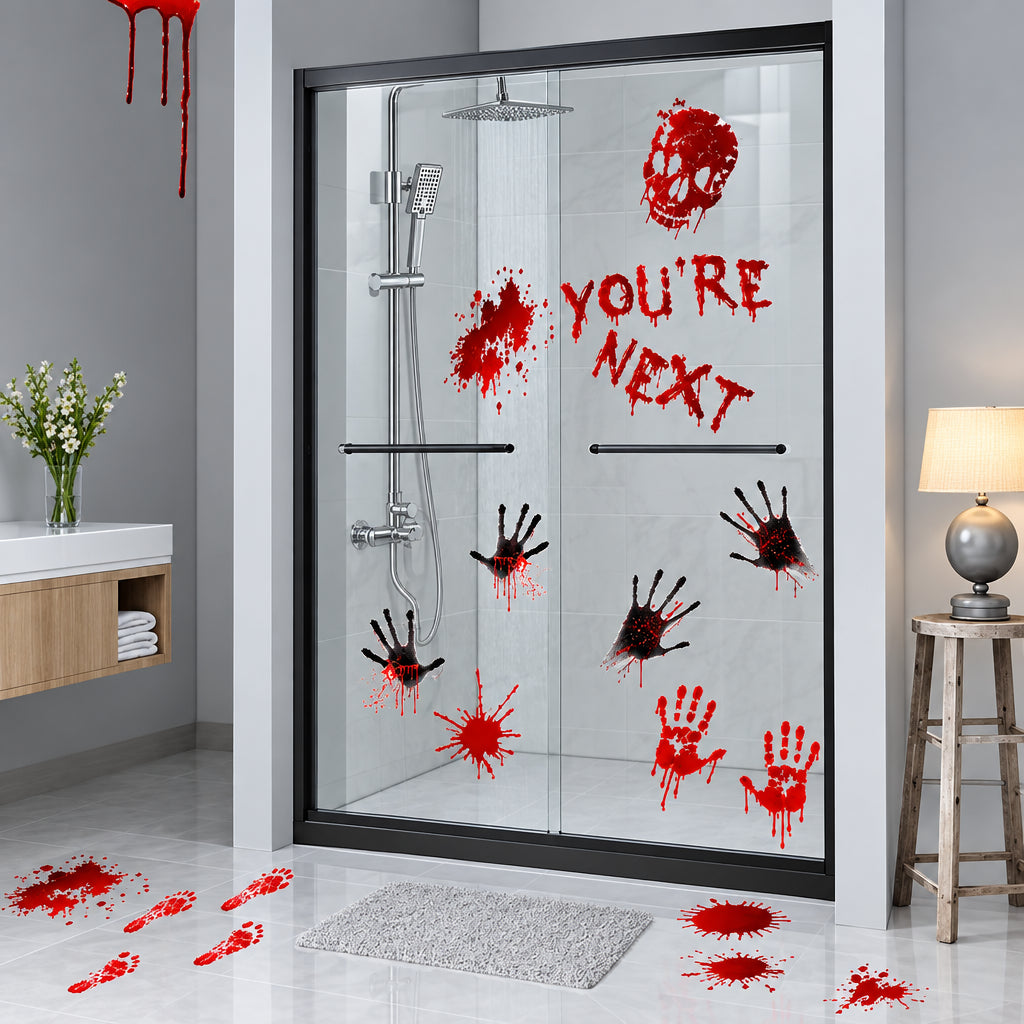 Autocollants Halloween pour portes et fenêtres – Mains sanglantes et crânes