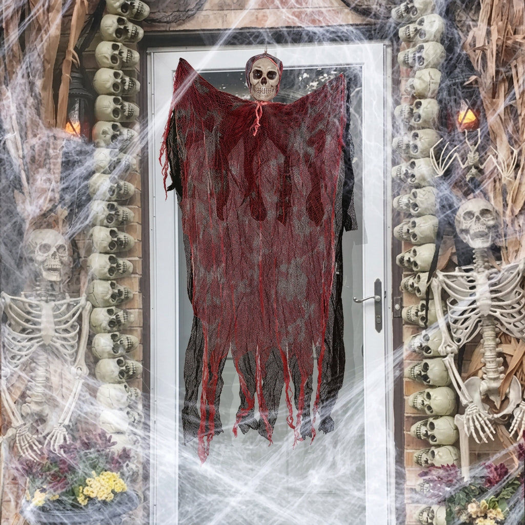 Fantôme à crâne suspendu en gaze – Décoration Halloween
