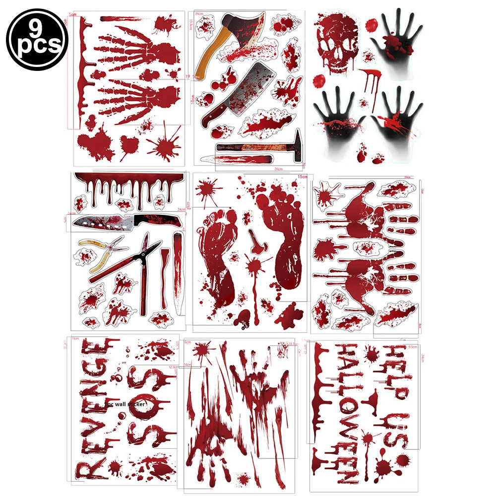 Autocollants Halloween pour portes et fenêtres – Mains sanglantes et crânes
