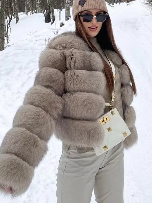 Coat Women Cropped Long Sleeve Artificial Fox