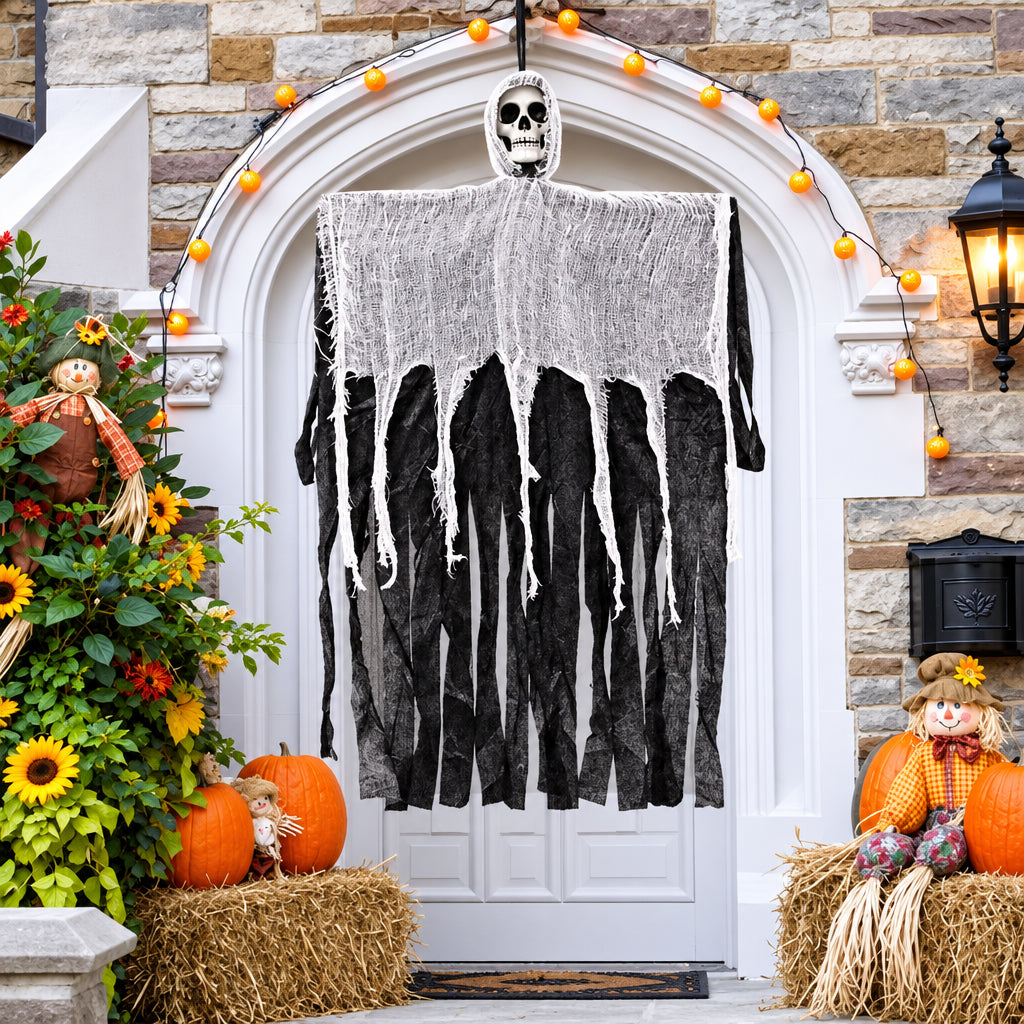 Fantôme suspendu à crâne – Décoration Halloween blanc et noir