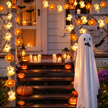 Guirlande LED citrouilles et fantômes – Décoration d'Halloween à piles