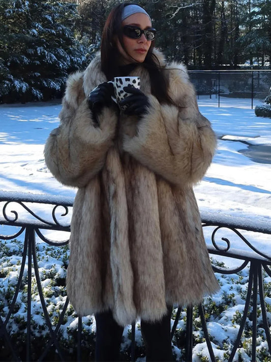 Winter Lady Luxurious Lapel Faux Fur Coats Fashion High Street Long