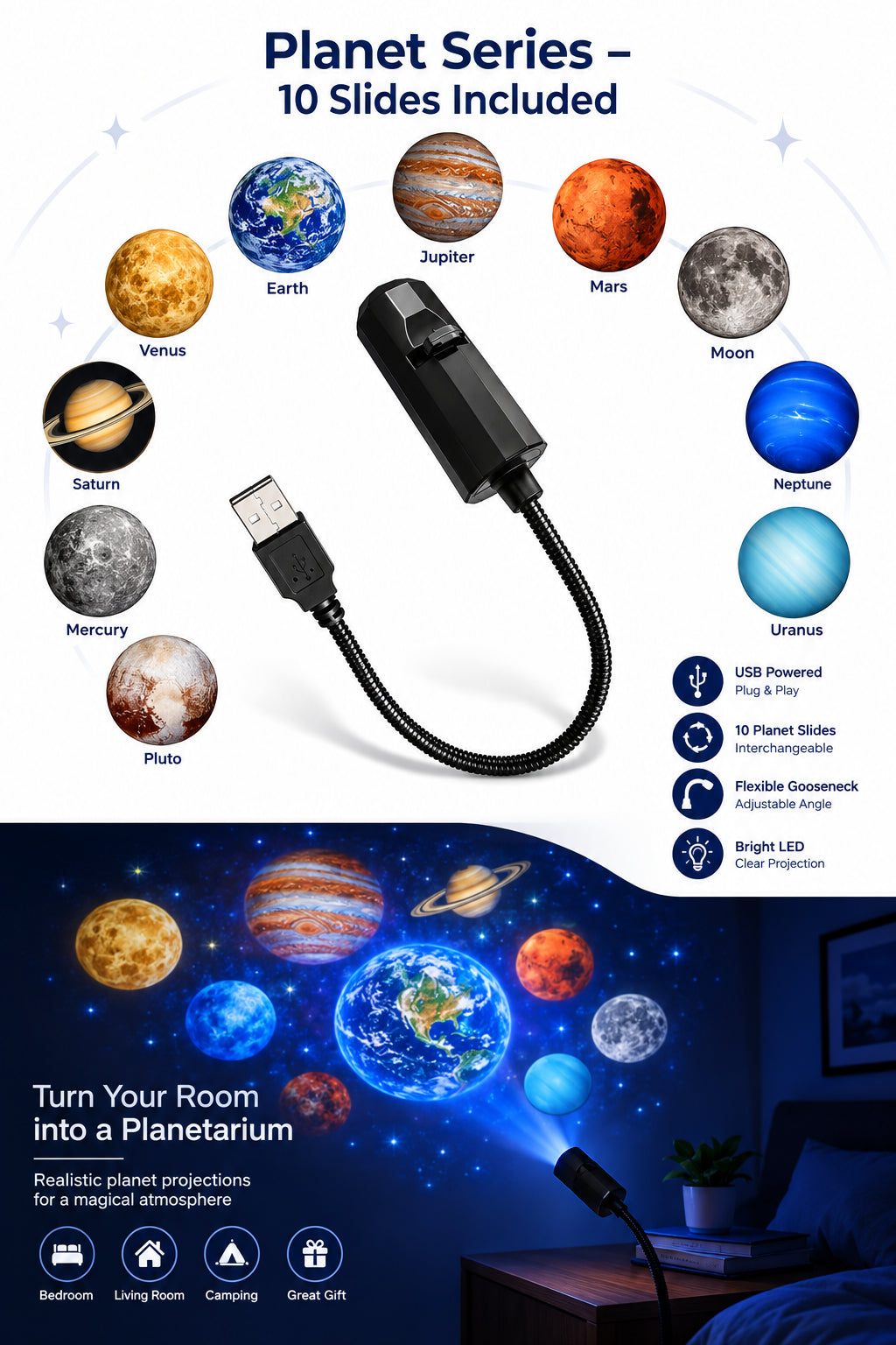 Projecteur LED USB à motifs pour Halloween, Noël et planètes