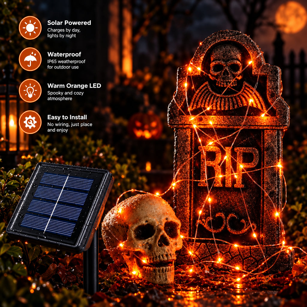 Guirlande solaire LED orange Halloween – 7 à 22 m