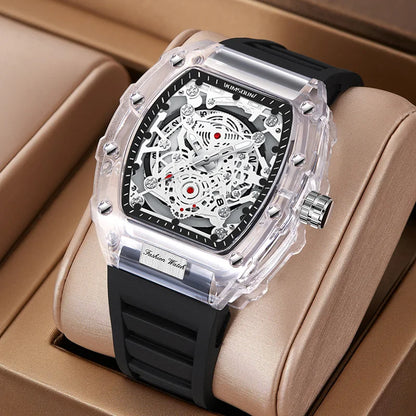 Fashionable Men watch barrel shaped transparent waterproof